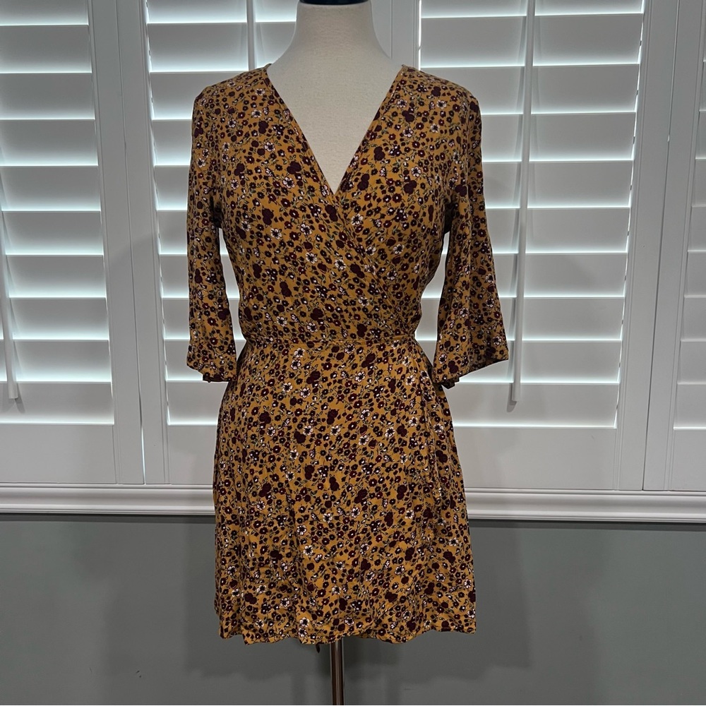 Floral Wrap Dress in Mustard and Purple